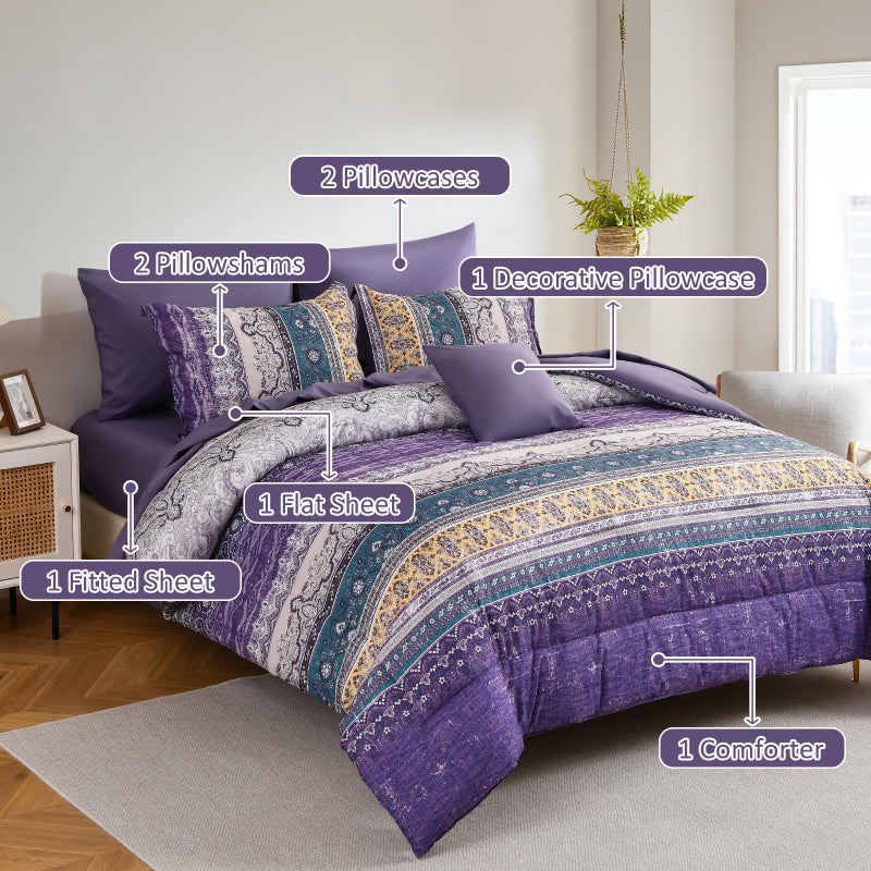 Cottolester Boho Queen Comforter Set 8 Pieces, Violet Bohemian Striped Bed in a Bag, Paisley Soft Microfiber Bedding Comforter Set - Image 2