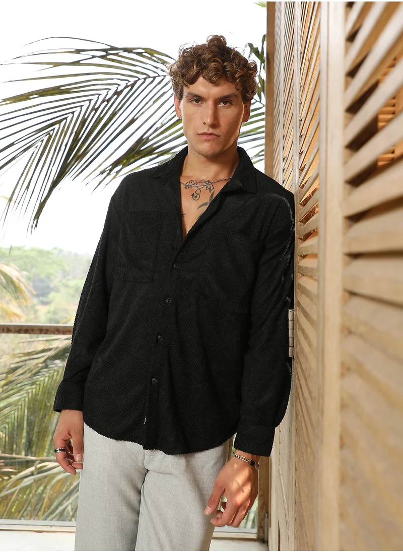 كامبوس سوترا Men's Onyx Black Axisline Utility-Relaxed Shirt For Casual Wear | Spread Collar | Long Cuffed Sleeves | Button Closure | Shirt Crafted With Comfort Fit For Everyday Wear