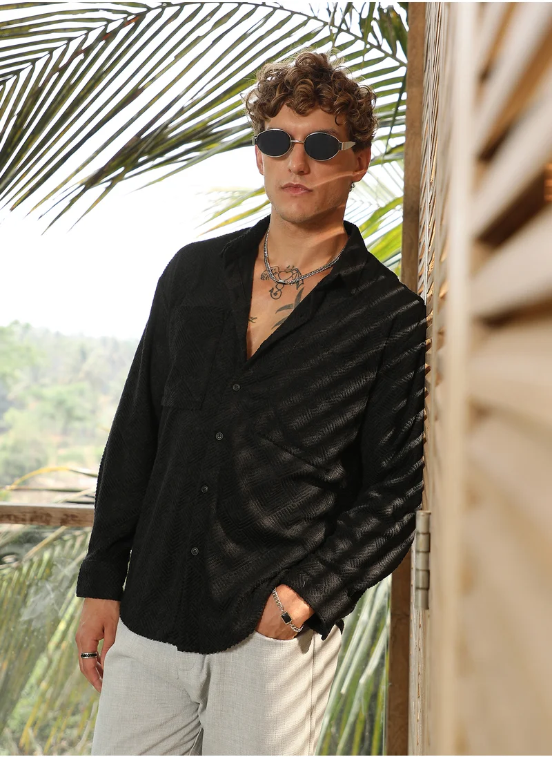 كامبوس سوترا Men's Onyx Black Axisline Utility-Relaxed Shirt For Casual Wear | Spread Collar | Long Cuffed Sleeves | Button Closure | Shirt Crafted With Comfort Fit For Everyday Wear