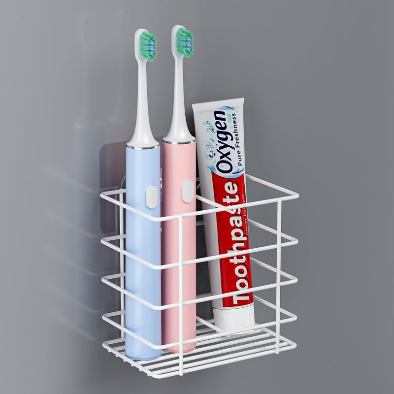 Oasiteege Adhesive Toothbrush Holder Wall Mounted, Suction Toothpaste Organizer Cup for Shower, Razor Holder Caddy Tray Storage Stand with Drainage, White Restroom Bathroom Accessories and Decor - Image 1