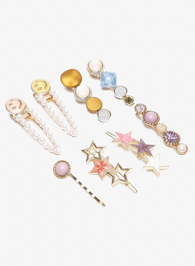 imioxo Metal Hair Clips Barrettes Pins for Women Geometric Shape Hairpin Korean Clips Hair Clip Clamps,Pearl Metal Clips, Combo Pack of 5 Design for Girls (dual star)) - Image 1