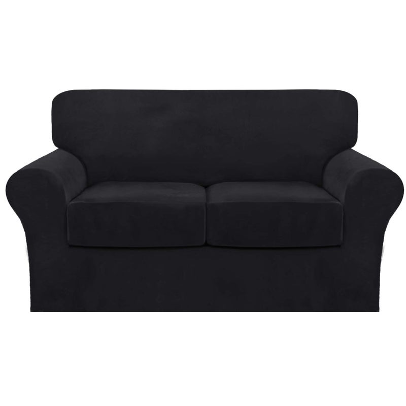 FantasDecor 3 Piece Sofa Covers Velvet for 2 Cushion Couch Stretch Loveseat Slipcover with Individual Seat Elastic Furniture Protector for Pets Loveseat Black
