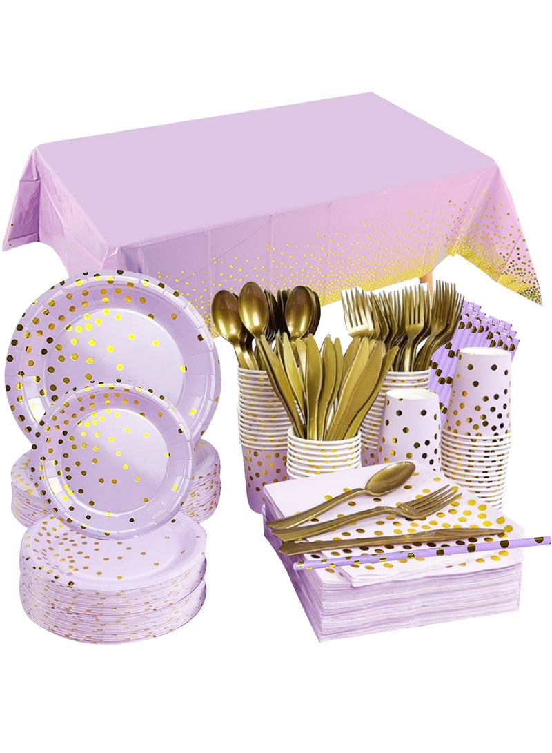 HomarKet 201PCS Purple and Gold Party Supplies, Severs 25 Disposable Party Dinnerware, Gold Plastic Forks Knives Spoons and Golden Dot Blue Paper Plates, Blue Napkins Cups for Graduation, Birthday, Wedding - Image 1