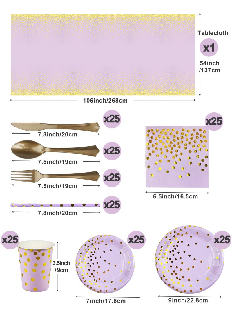 HomarKet 201PCS Purple and Gold Party Supplies, Severs 25 Disposable Party Dinnerware, Gold Plastic Forks Knives Spoons and Golden Dot Blue Paper Plates, Blue Napkins Cups for Graduation, Birthday, Wedding - Image 2