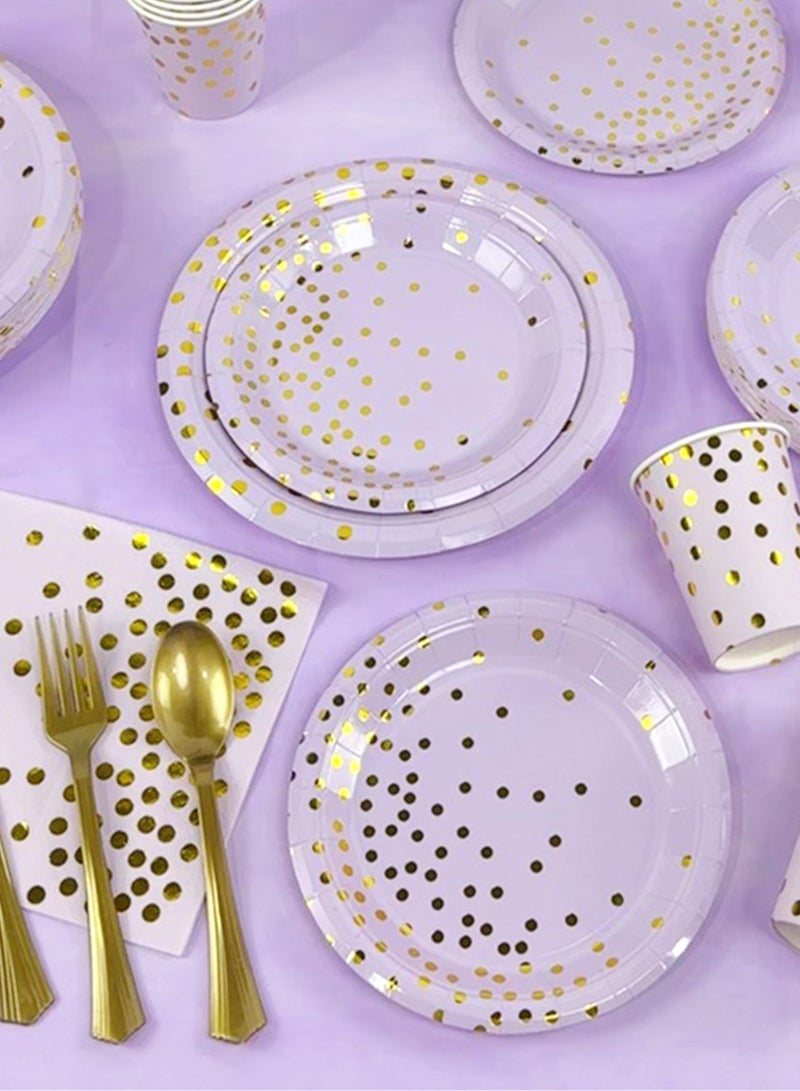 HomarKet 201PCS Purple and Gold Party Supplies, Severs 25 Disposable Party Dinnerware, Gold Plastic Forks Knives Spoons and Golden Dot Blue Paper Plates, Blue Napkins Cups for Graduation, Birthday, Wedding - Image 4