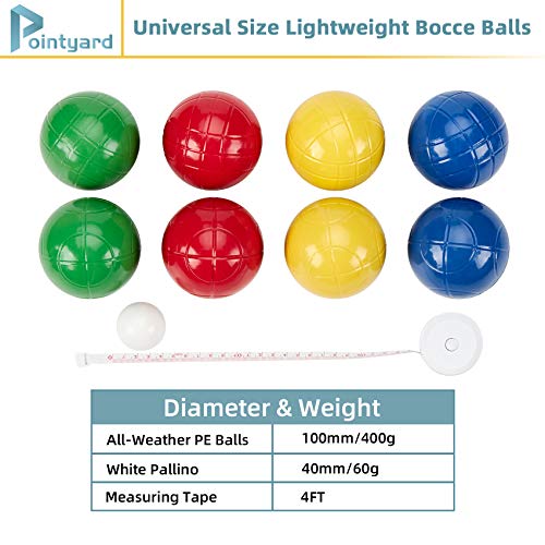 Pointyard 100mm Bocce Ball Set, Regulation Bocci Ball Set with 8 PE Bocce Balls/1 Pallino/Carrying Bag/Measuring Tape - Outdoor Family Bocce Game for Backyard/Lawn/Beach (Red,Blue,Green,Yellow) - Image 3