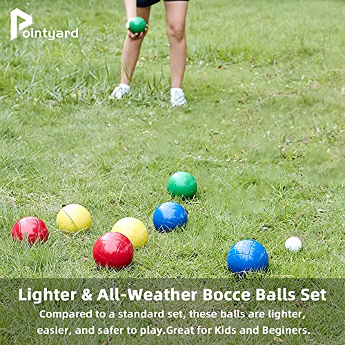 Pointyard 100mm Bocce Ball Set, Regulation Bocci Ball Set with 8 PE Bocce Balls/1 Pallino/Carrying Bag/Measuring Tape - Outdoor Family Bocce Game for Backyard/Lawn/Beach (Red,Blue,Green,Yellow) - Image 4
