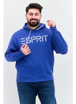 Men Hood Neck Brand Logo Long Sleeves Hoodie, Blue
