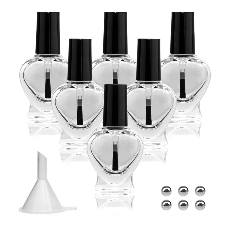 Agidea Empty Nail Polish Bottles Heart Shape Empty Fingernail Polish Vials Containers Sample Bottles with Brush and Mixing Balls and Funnel for Nail Art Travel Size Pack of 6 10ML