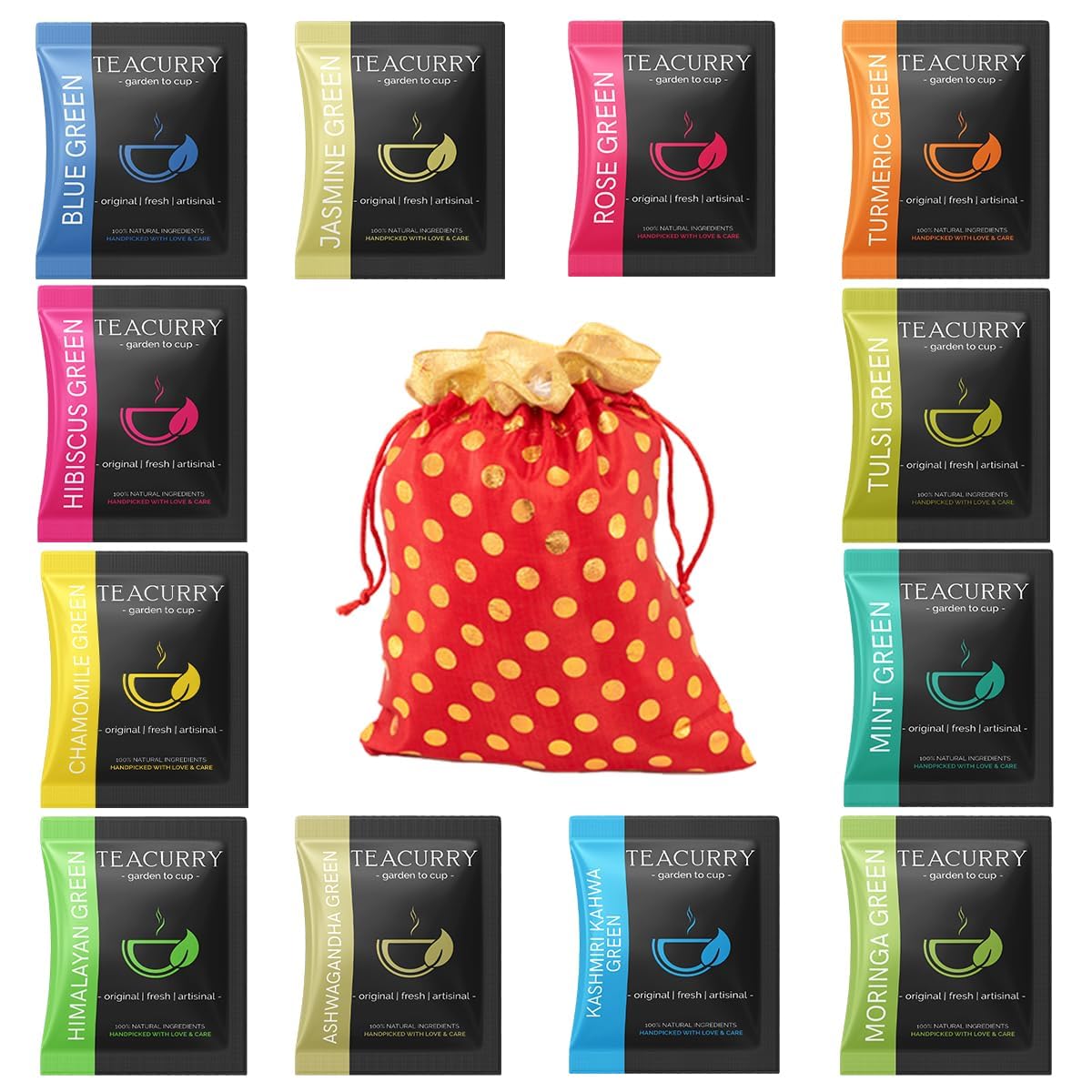 TEACURRY Assorted Green Tea bags (12 gramsreen Tea Bags) - Helps with Weight Management, Tummy, and Ageing -12 Premium Herbal Pyramid Tea bags