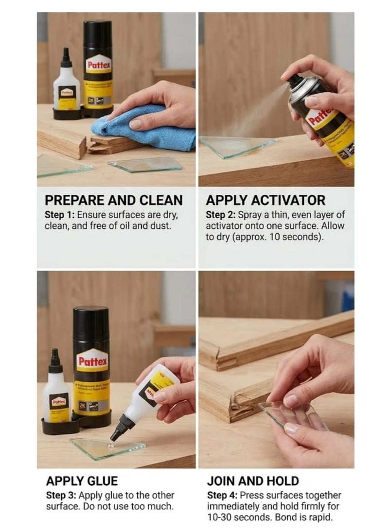 Pattex 2K Fast Adhesive and Activator Spray Set Two-Component Super Glue Kit for Instant and Heavy-Duty Bonding of Wood and Glass - Image 4