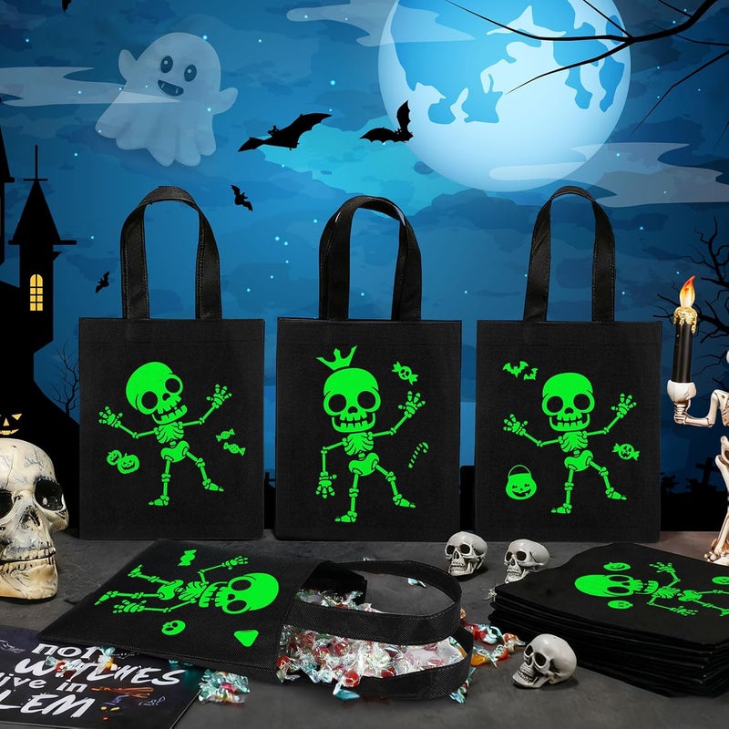 SilTriangle 24 Pack Luminous Halloween Non Woven Tote Bags, 7.9 x 9.8 in Light up Trick or Treat Goodies Bags, Reusable Halloween Candy Gift Tote with Handles for Party Favor Supplies(Skull Style) - Image 5