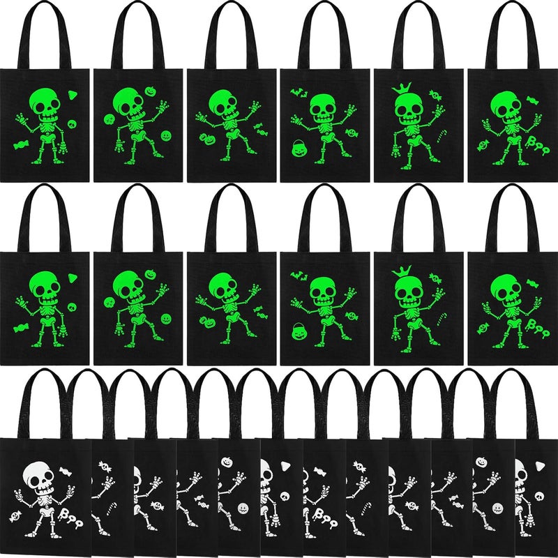 SilTriangle 24 Pack Luminous Halloween Non Woven Tote Bags, 7.9 x 9.8 in Light up Trick or Treat Goodies Bags, Reusable Halloween Candy Gift Tote with Handles for Party Favor Supplies(Skull Style) - Image 1
