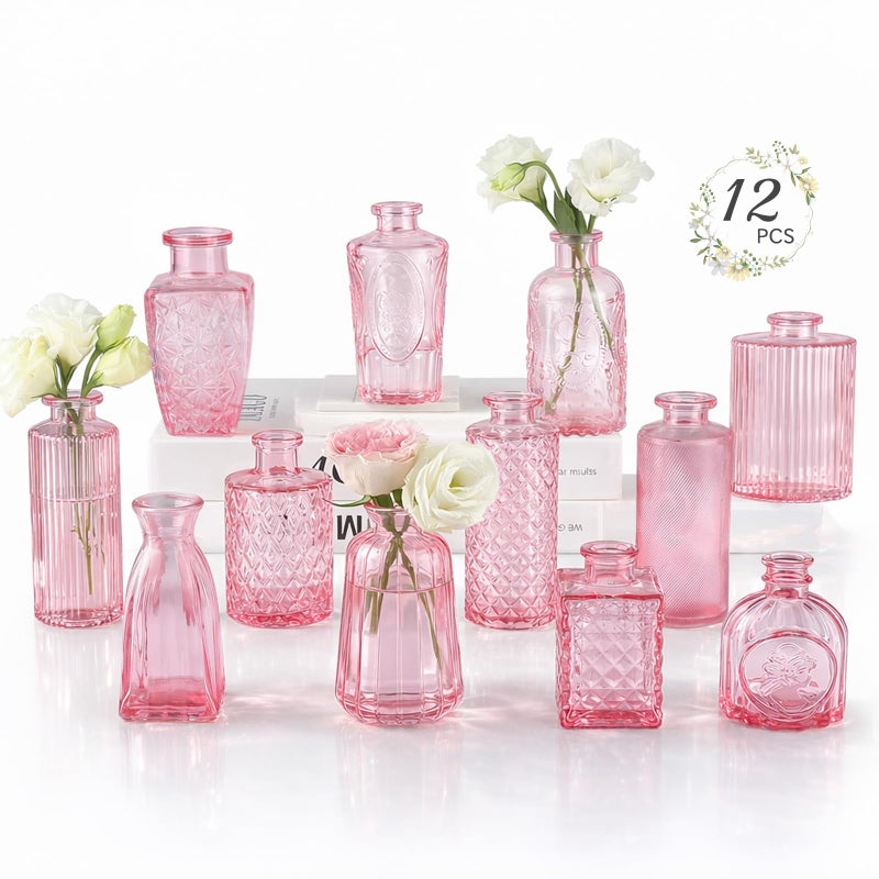 RUCKAE 12 Pack Glass Bud Vases Mini Flower Vase Small Vintage Vases for Centerpiece Table Wedding Decorations Home Decor Party (Pink) - Image 1