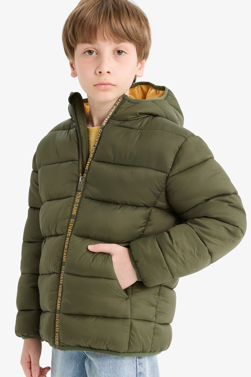 DeFacto Green Boy Boy Hooded Water Repellent Fleece Lined Puffer Jacket Casual - Image 1