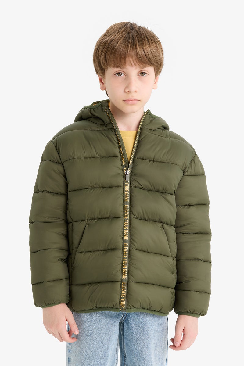 DeFacto Green Boy Boy Hooded Water Repellent Fleece Lined Puffer Jacket Casual - Image 3
