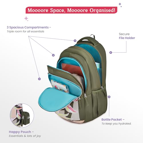 Genie Rosa School Backpack for Girls |19 In-36 Ltr with Three Compartments, Side Pockets and Light Weight with Padded Shoulders |Best for Books,Stationery,Lunch Box & Essentials - Olive - Image 3