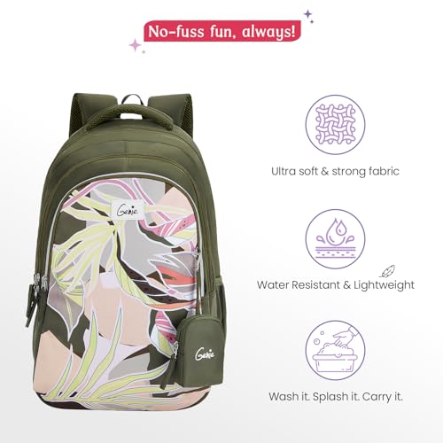 Genie Rosa School Backpack for Girls |19 In-36 Ltr with Three Compartments, Side Pockets and Light Weight with Padded Shoulders |Best for Books,Stationery,Lunch Box & Essentials - Olive - Image 5