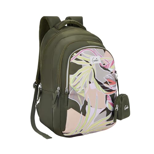 Genie Rosa School Backpack for Girls |19 In-36 Ltr with Three Compartments, Side Pockets and Light Weight with Padded Shoulders |Best for Books,Stationery,Lunch Box & Essentials - Olive - Image 1
