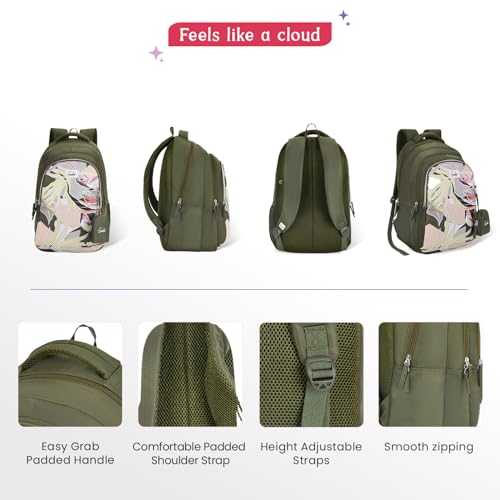 Genie Rosa School Backpack for Girls |19 In-36 Ltr with Three Compartments, Side Pockets and Light Weight with Padded Shoulders |Best for Books,Stationery,Lunch Box & Essentials - Olive - Image 4