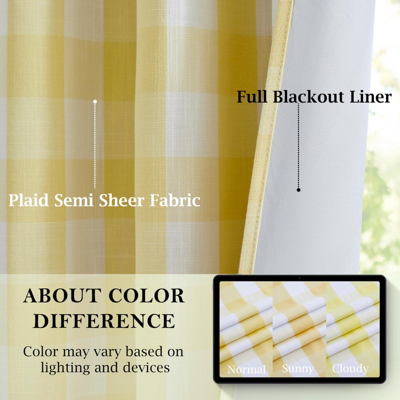 Bapawfish Yellow White Buffalo Plaid Full Blackout Curtains 84 Inches Long,Farmhouse Double-Layer Panels,Darkening Thermal Insulated Window Treatment,Rod Pocket Back Tabs,40" Wx84 Lx2 - Image 4