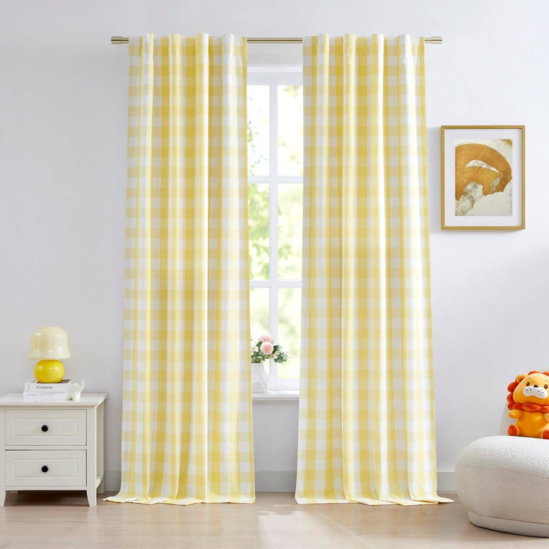 Bapawfish Yellow White Buffalo Plaid Full Blackout Curtains 84 Inches Long,Farmhouse Double-Layer Panels,Darkening Thermal Insulated Window Treatment,Rod Pocket Back Tabs,40" Wx84 Lx2 - Image 1