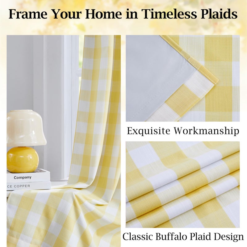 Bapawfish Yellow White Buffalo Plaid Full Blackout Curtains 84 Inches Long,Farmhouse Double-Layer Panels,Darkening Thermal Insulated Window Treatment,Rod Pocket Back Tabs,40" Wx84 Lx2 - Image 2