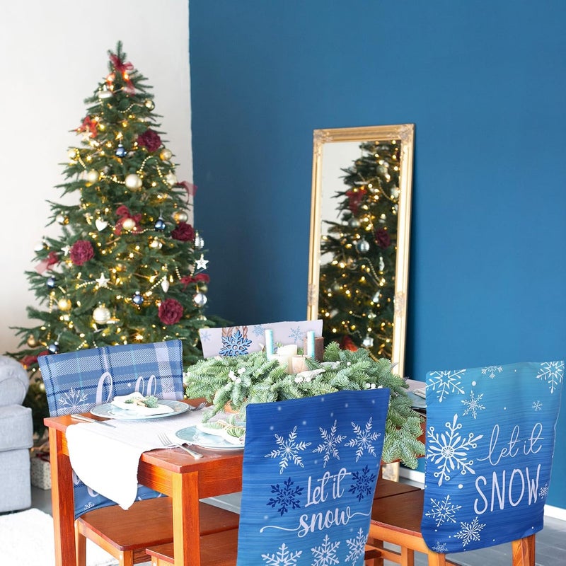 FuWeave 6 Pcs Christmas Chair Covers Winter Snowflake Snowman Chair Back Covers Blue White Xmas Chair Protector Slipcovers Washable Winter Dining Room Seat Covers for Home Hotel Kitchen Decorations - Image 5