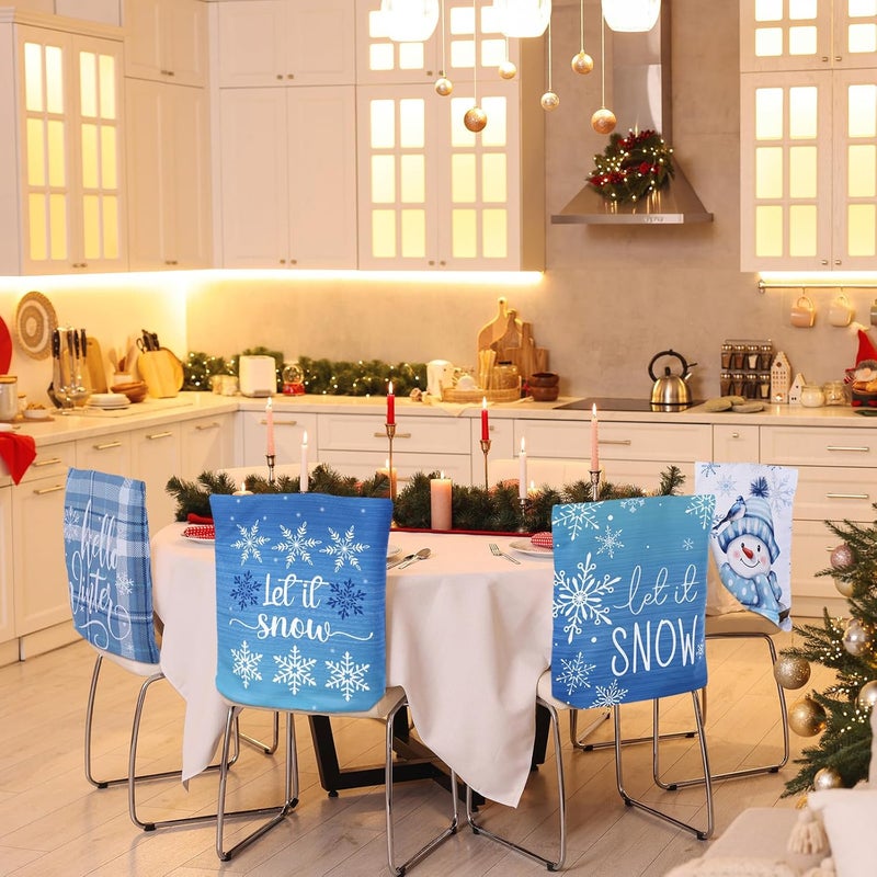 FuWeave 6 Pcs Christmas Chair Covers Winter Snowflake Snowman Chair Back Covers Blue White Xmas Chair Protector Slipcovers Washable Winter Dining Room Seat Covers for Home Hotel Kitchen Decorations - Image 2