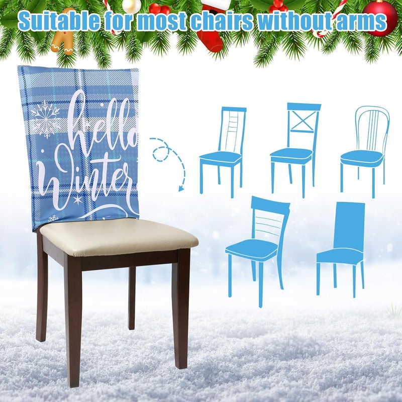 FuWeave 6 Pcs Christmas Chair Covers Winter Snowflake Snowman Chair Back Covers Blue White Xmas Chair Protector Slipcovers Washable Winter Dining Room Seat Covers for Home Hotel Kitchen Decorations - Image 4