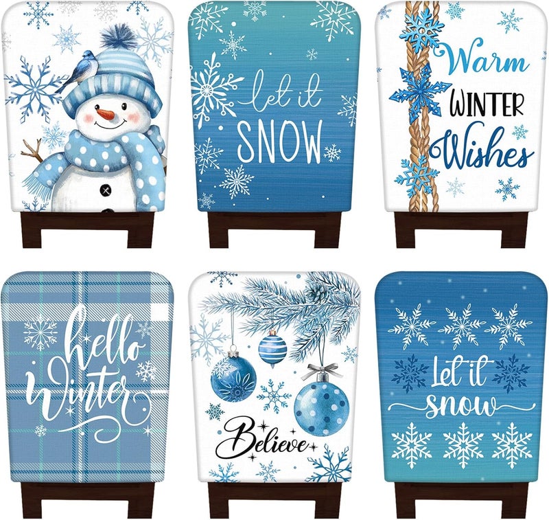 FuWeave 6 Pcs Christmas Chair Covers Winter Snowflake Snowman Chair Back Covers Blue White Xmas Chair Protector Slipcovers Washable Winter Dining Room Seat Covers for Home Hotel Kitchen Decorations - Image 1