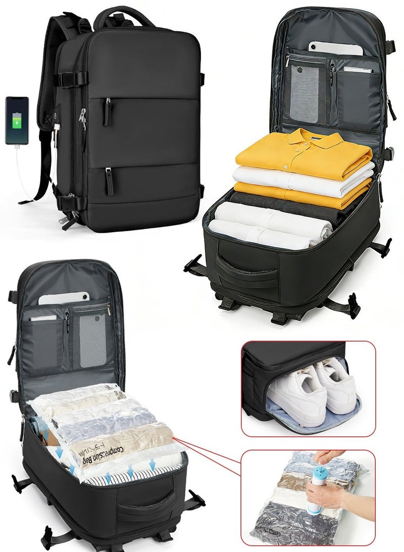 شنطة ظهر للسفر مع أكياس ضغط ومضخة هواء، شنطة ظهر لابتوب 15.6 بوصة مع جيب أحذية ومخرج USB، مقاومة للماء وجيب رطب، شنطة عمل لزيادة سعة الملابس، أسود - Image 1