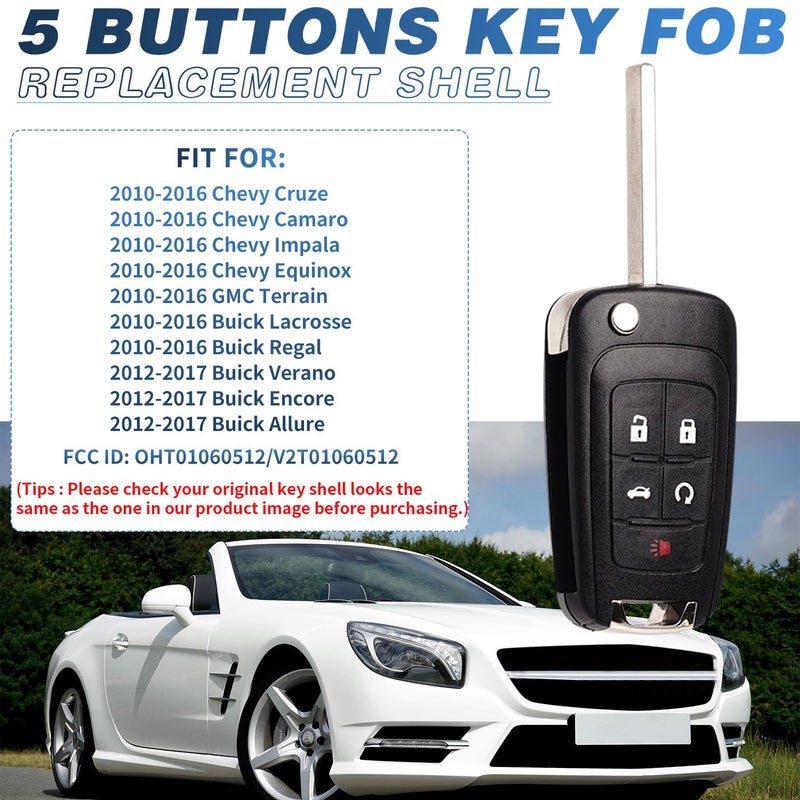 JJCHQ 5 Button Key Fob Shell Replacement for Chevy Cruze Camaro Impala Equinox GMC Terrain Buick Regal Lacrosse 2017 2016 2015 2014 2013 2012 2011 2010 OHT01060512 Keyless Entry Remote Flip Car Key Fob Case - Image 5