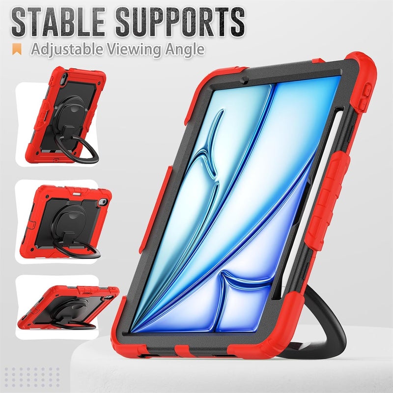 YUANSHXM-Case for iPad Air 11-inch (M2, 2024 Release), 3 Layers Upgraded All-Inclusive Protection Case with 360 Rotating Multi Functional Handle Ring & Stand & Shoulder Strap (J) - Image 5