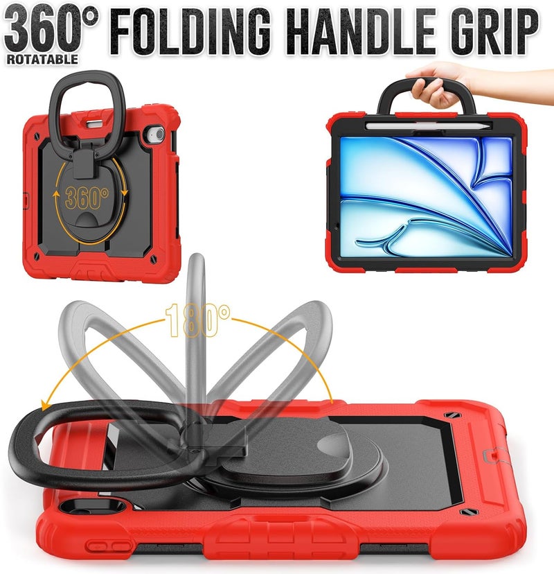 YUANSHXM-Case for iPad Air 11-inch (M2, 2024 Release), 3 Layers Upgraded All-Inclusive Protection Case with 360 Rotating Multi Functional Handle Ring & Stand & Shoulder Strap (J) - Image 4