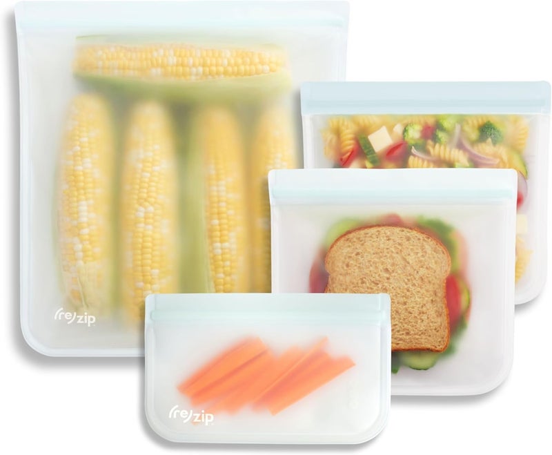re zip 4Piece Reusable Lunch  Leftovers Food Storage Bags  Leakproof Airtight BPAFree FoodSafe PEVA  Freezer Safe  Travel Friendly  Includes 1 Gallon 2 Sandwich  1 Snack Bag