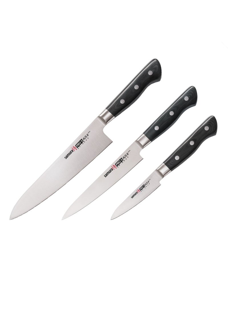 Samura Samura PRO-S Set of 3 Kitchen Knives | Paring Knife, Utility Knife, Chef's Knife | AUS-8 Stainless Steel Blade | G-10 Fiberglass Polymer Handle | Thick, Wide, Long Blade with Central Tip  - Image 5