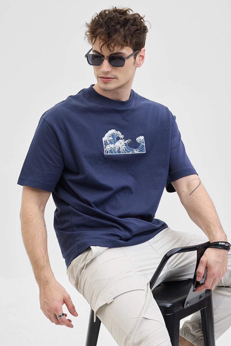 SNITCH Waves Navy Printed Oversized T-Shirt - Image 1