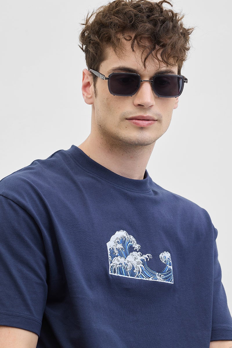SNITCH Waves Navy Printed Oversized T-Shirt - Image 4