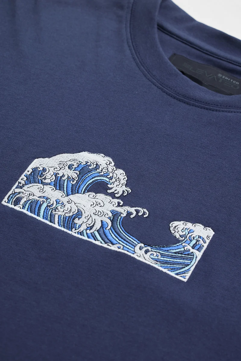 SNITCH Waves Navy Printed Oversized T-Shirt