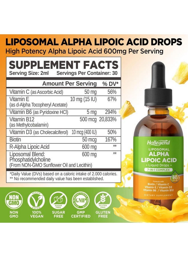 Hollegend Liposomal Liquid Alpha Lipoic Acid drops, 600 MG R-Alpha Lipoic Acid Supplement with Biotin & Multivitamins, ALA for Antioxidant, Brain Health and Nerve Support, Pineapple Flavor, Sugar Free, 2 FL OZ - Image 2