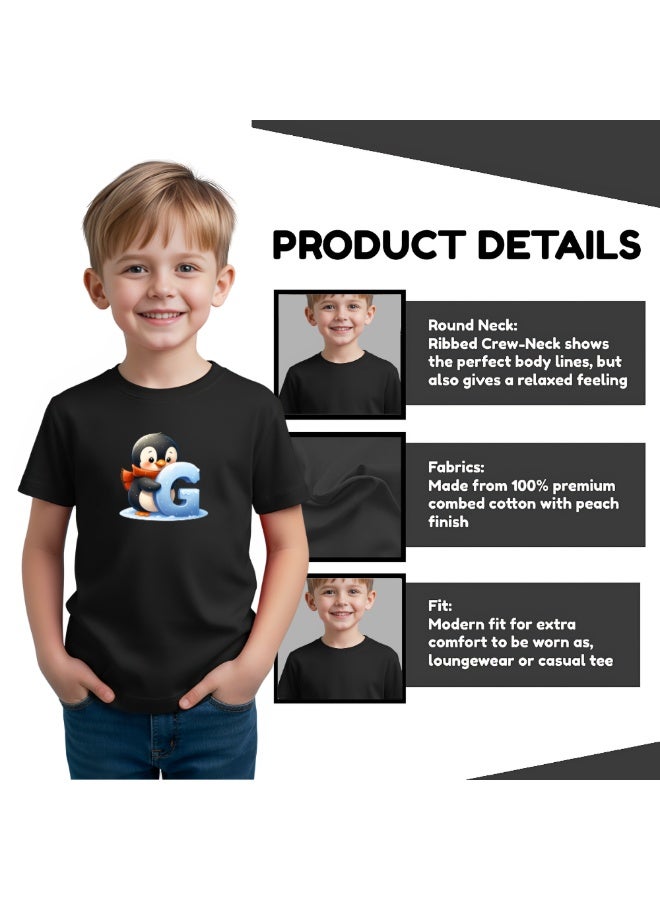 PRINTSHOP4ME Christmas Monogram Initial Letters G Printed Unisex Kids Black T-Shirt For Boys And Girls - Round Neck And Short Sleeve Cotton Tshirt - Image 5