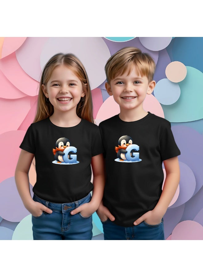 PRINTSHOP4ME Christmas Monogram Initial Letters G Printed Unisex Kids Black T-Shirt For Boys And Girls - Round Neck And Short Sleeve Cotton Tshirt - Image 4
