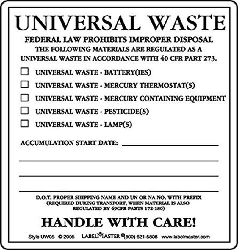 UW05 Universal Waste Label, PVC-Free Film Stock (Pack of 100)