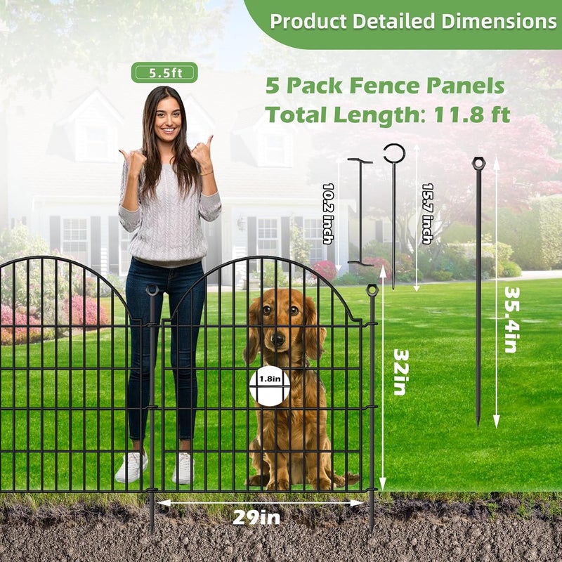 Blingluck Decorative Metal Garden Fence No Dig Outdoor Dog Fence 5 Panels with Lock, 32 in - Image 2