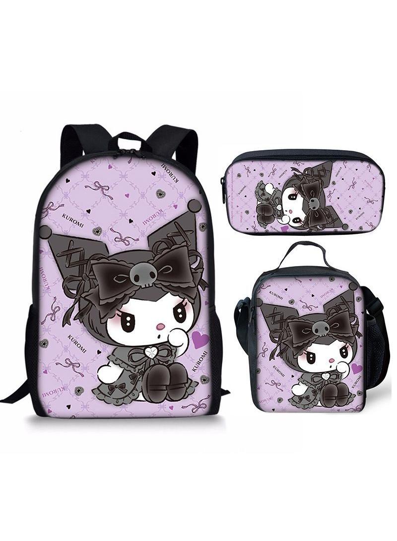 73Hours 3 pcs set Kuromi Children Backpack Daypack Schoolbag Girls  Boys School Book bag with Lunch Box Pen Case - Image 1