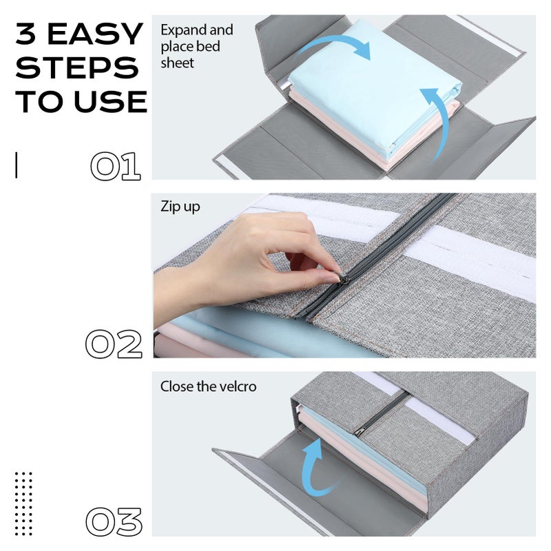 Yecaye 4 Pack Bed Sheet Organizer, Foldable Linen Closet Organizers and Storage (Queen & King Size) with Window & Label, Bedding Storage Box for Bedsheets, Duvet Covers and Pillow, Grey - Image 3
