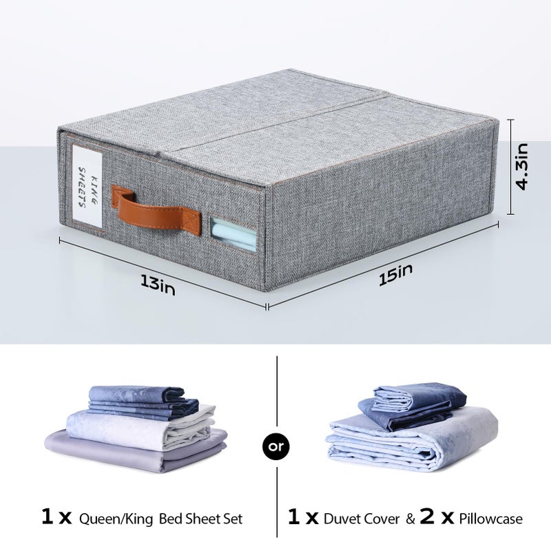 Yecaye 4 Pack Bed Sheet Organizer, Foldable Linen Closet Organizers and Storage (Queen & King Size) with Window & Label, Bedding Storage Box for Bedsheets, Duvet Covers and Pillow, Grey - Image 5