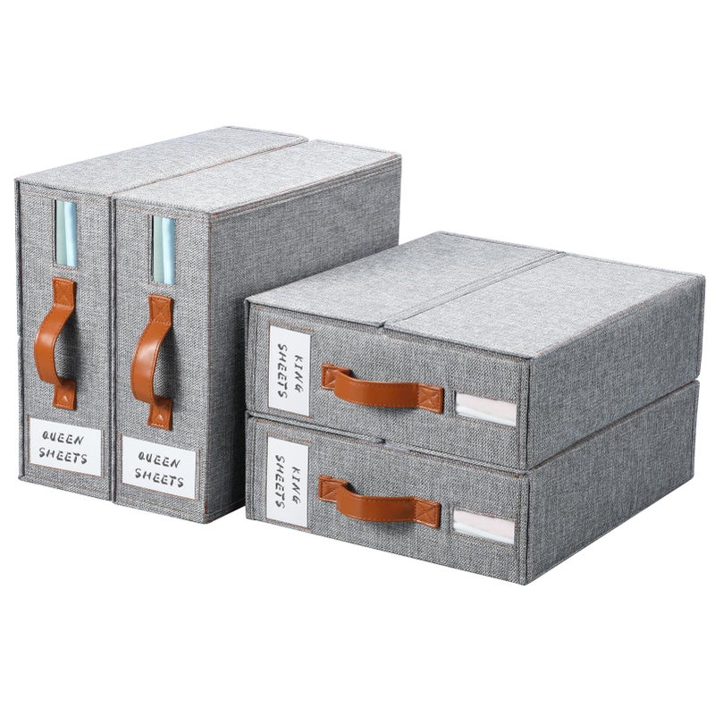 Yecaye 4 Pack Bed Sheet Organizer, Foldable Linen Closet Organizers and Storage (Queen & King Size) with Window & Label, Bedding Storage Box for Bedsheets, Duvet Covers and Pillow, Grey - Image 1