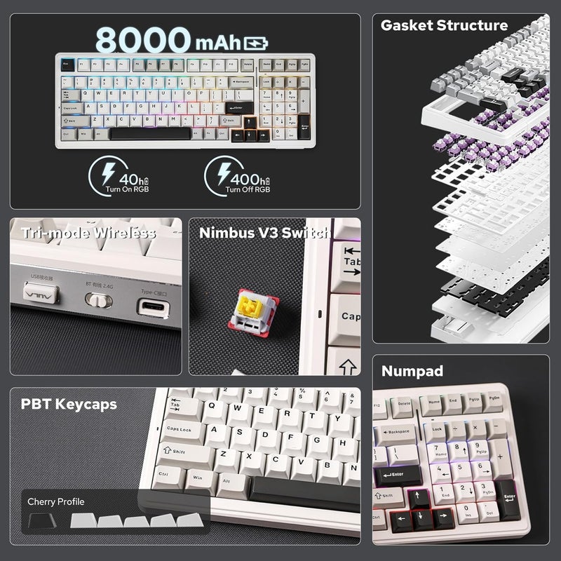 EPOMAKER x AULA F99 Wireless Mechanical Keyboard, Hot Swappable Gasket Custom Gaming Keyboard with Five-Layer Padding, Bluetooth/2.4GHz/USB-C, 8000mAh Battery (White Grey, Nimbus V3 Switch) - Image 2